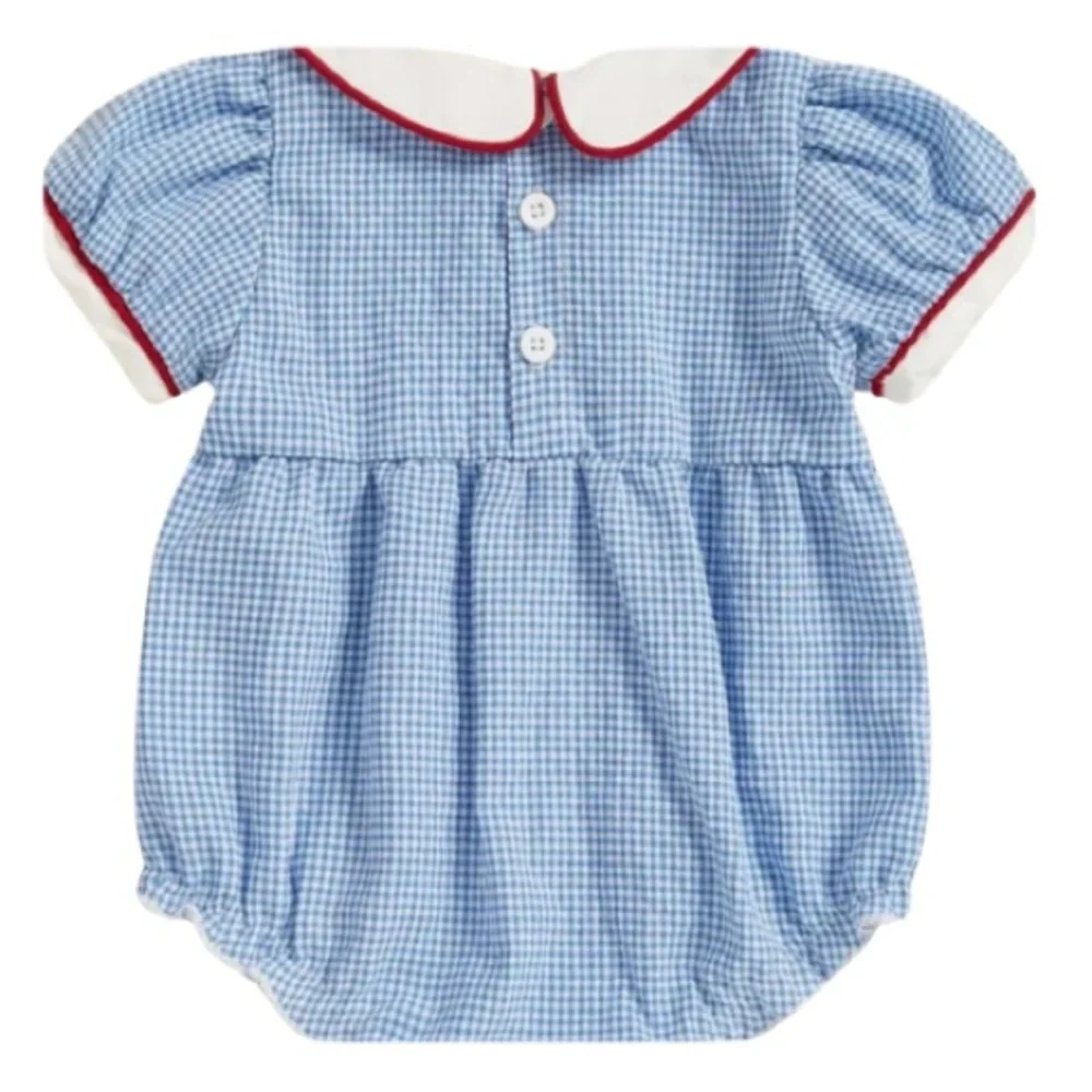 Blue Baby Romper with Apple Design 3-6 Months Vintage Peter Pan Collar